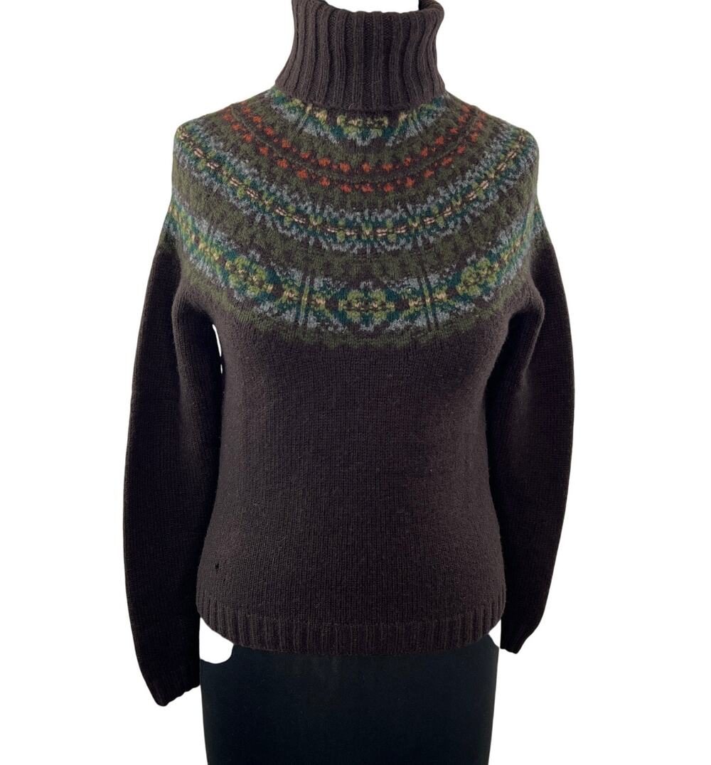 Lauren Ralph Lauren Brown Fair Isle Knit Lambswool Turtleneck Pullover Sweater S